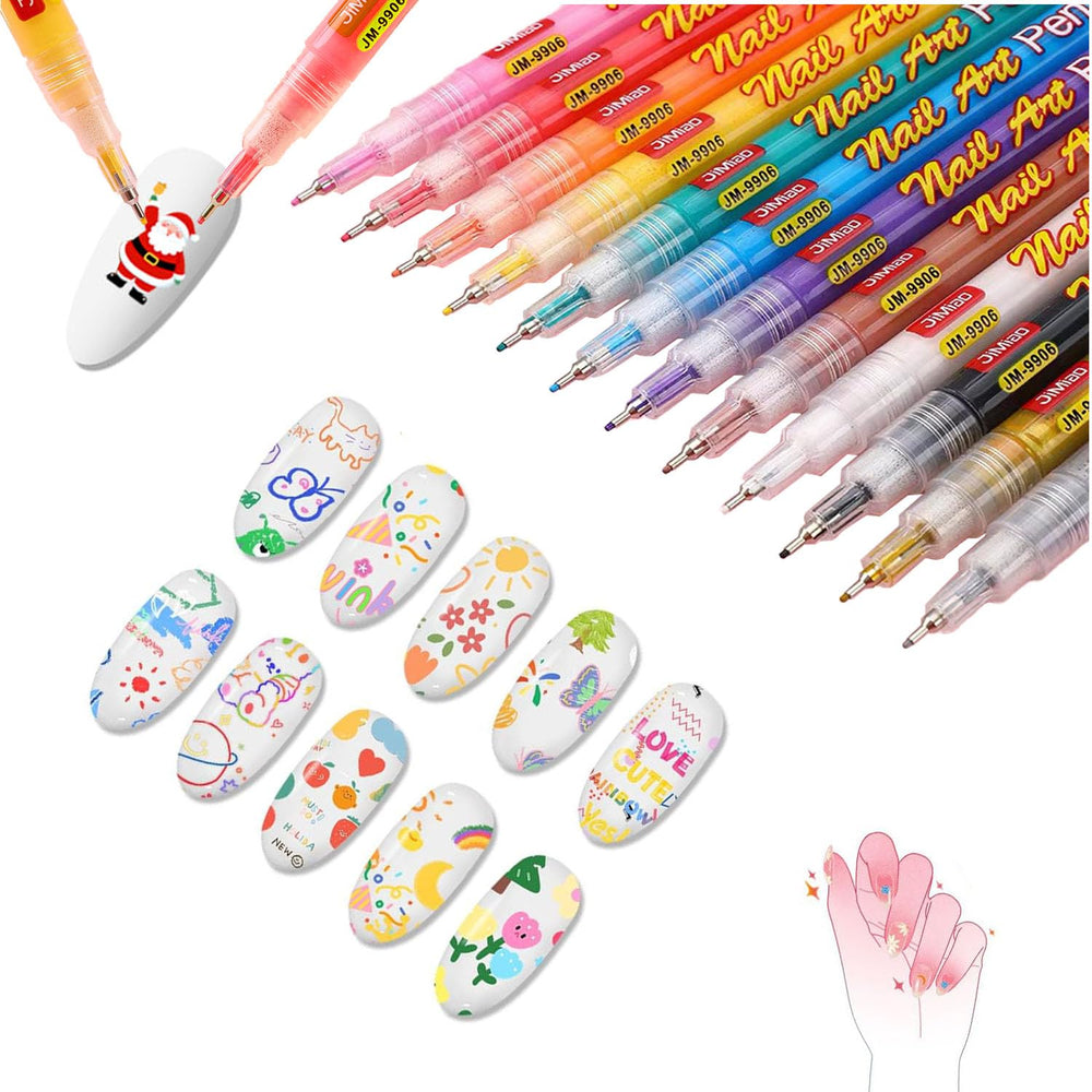 12 Colors Nail Art Pens Set precision tip close-up for fine line detailing.