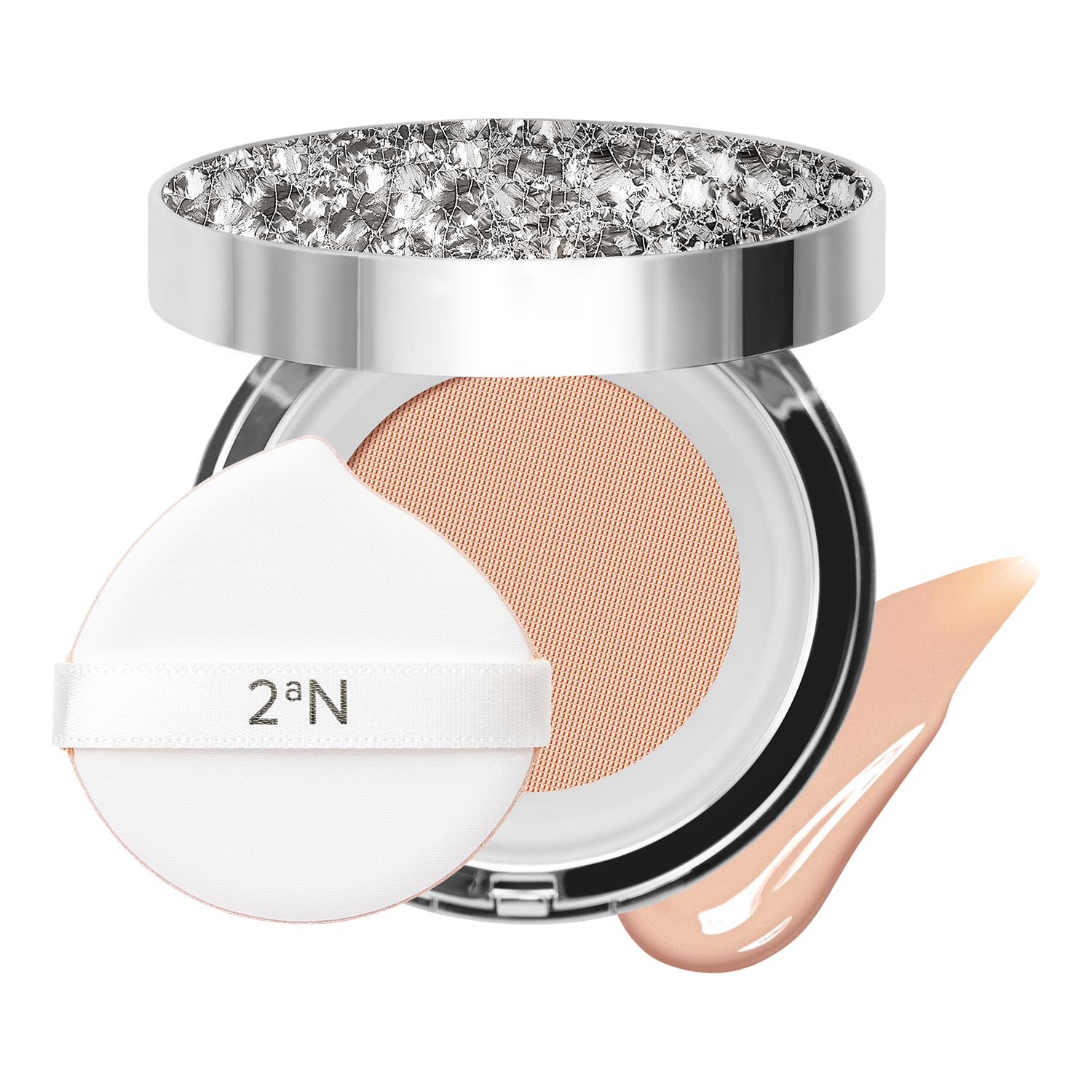 2aN Gleaming Tension Cushion Foundation Pact close-up shows creamy texture for radiant coverage.