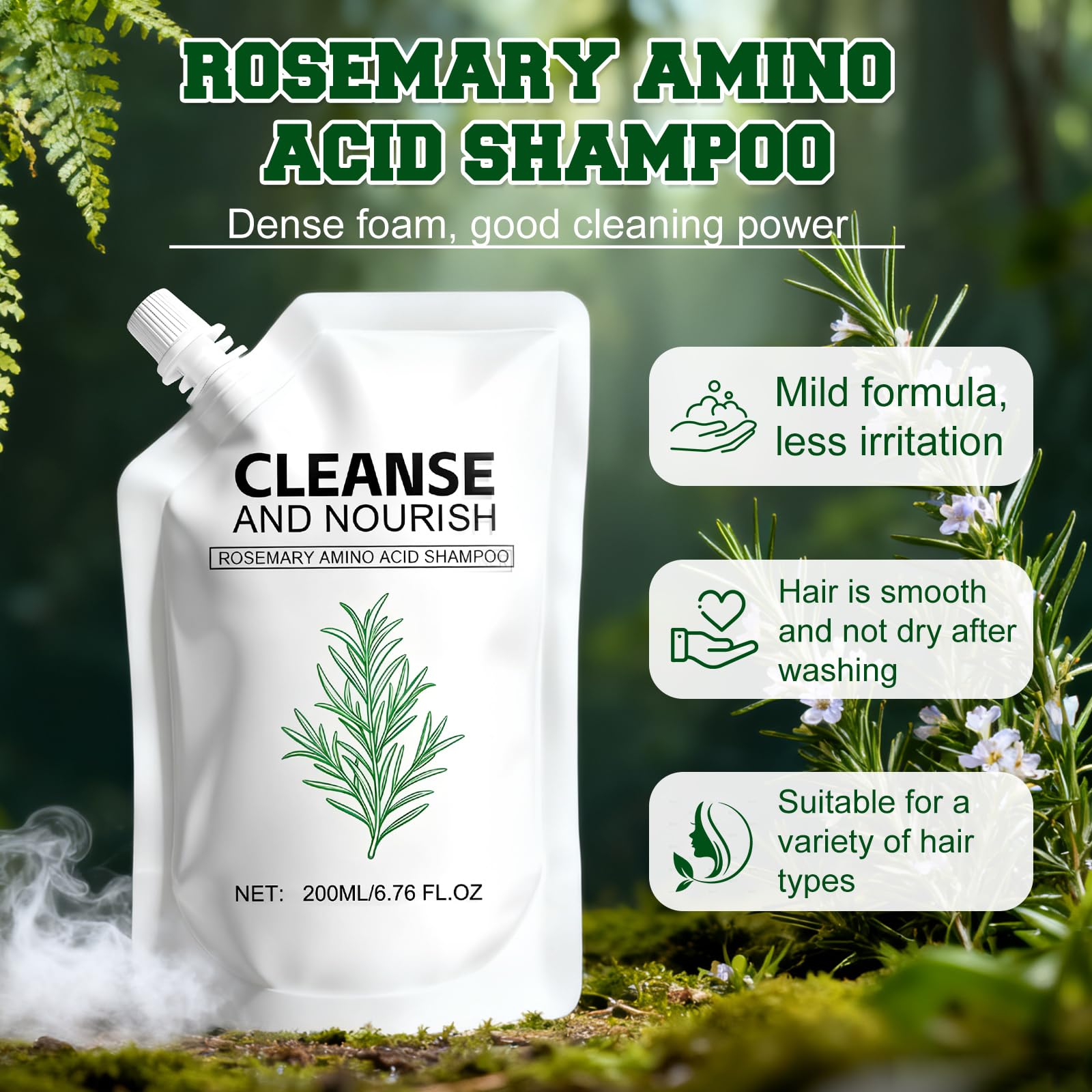 2Pack Rosemary Amino Acid Shampoo bottle-back emphasizes organic ingredients and nourishing scalp care.