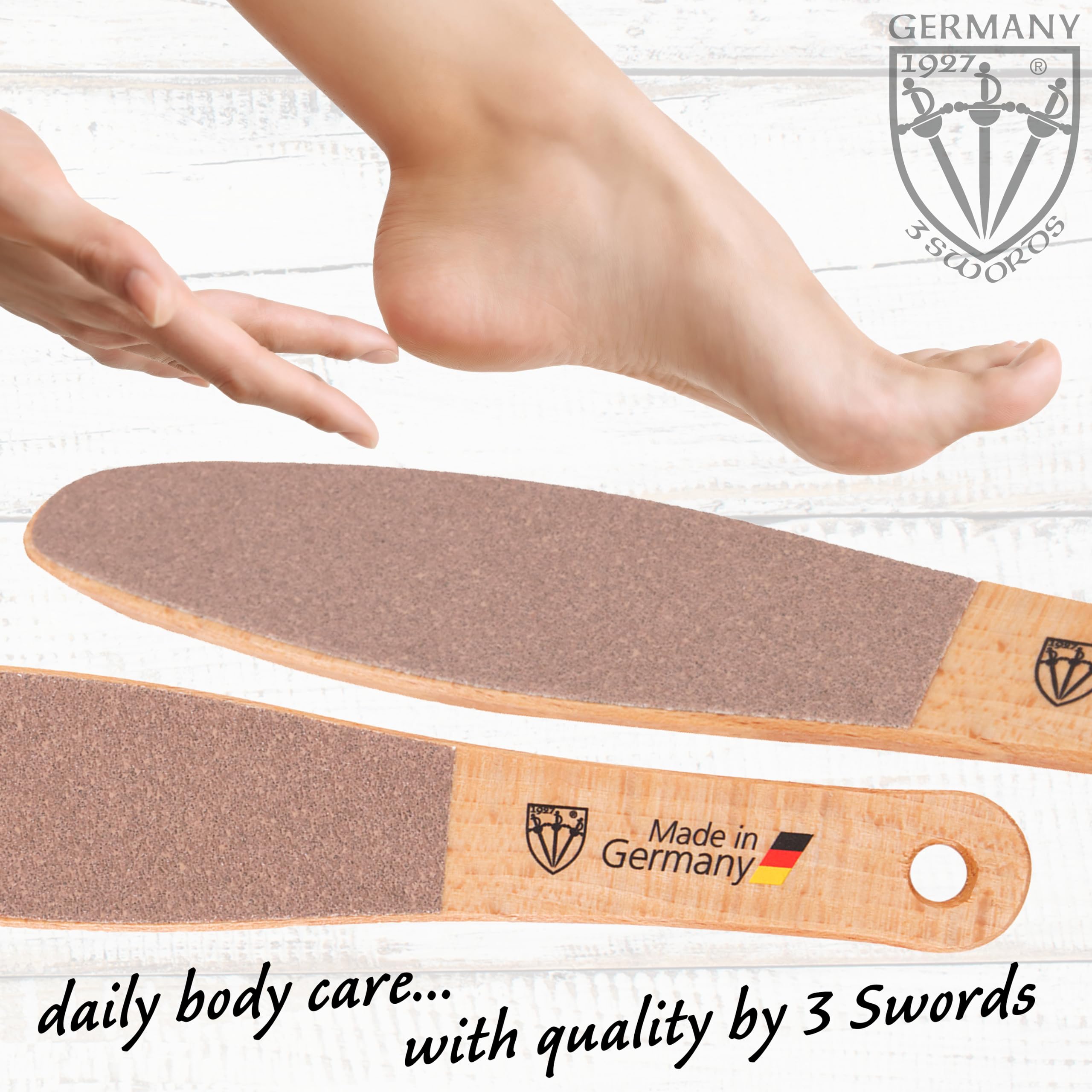 3 Swords Germany foot file beech wood texture highlighting natural material.
