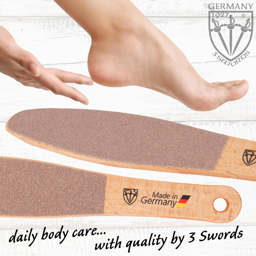 3 Swords Germany foot file beech wood texture highlighting natural material.