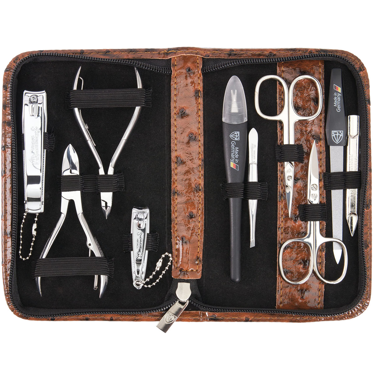 3 Swords Germany manicure pedicure set case-open reveals premium leather travel case.
