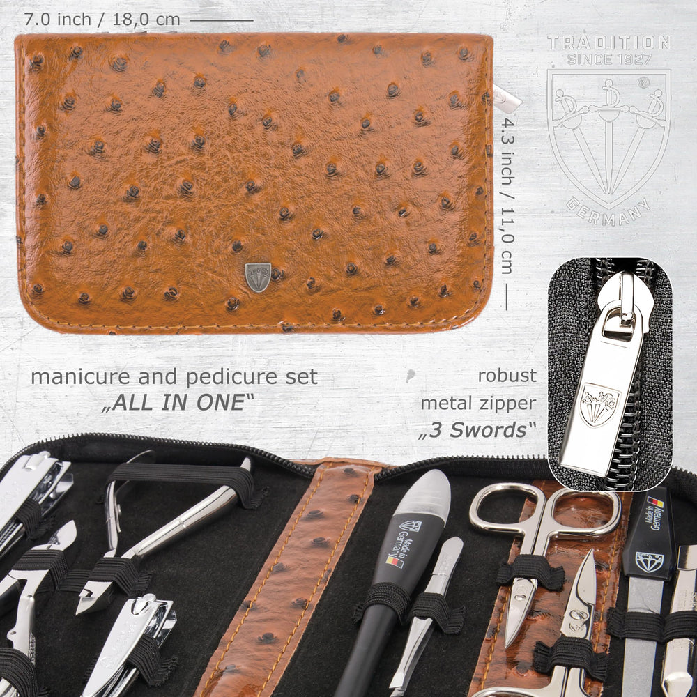 3 Swords Germany manicure pedicure set nail-clipper-leather-case close-up showcasing stylish storage.