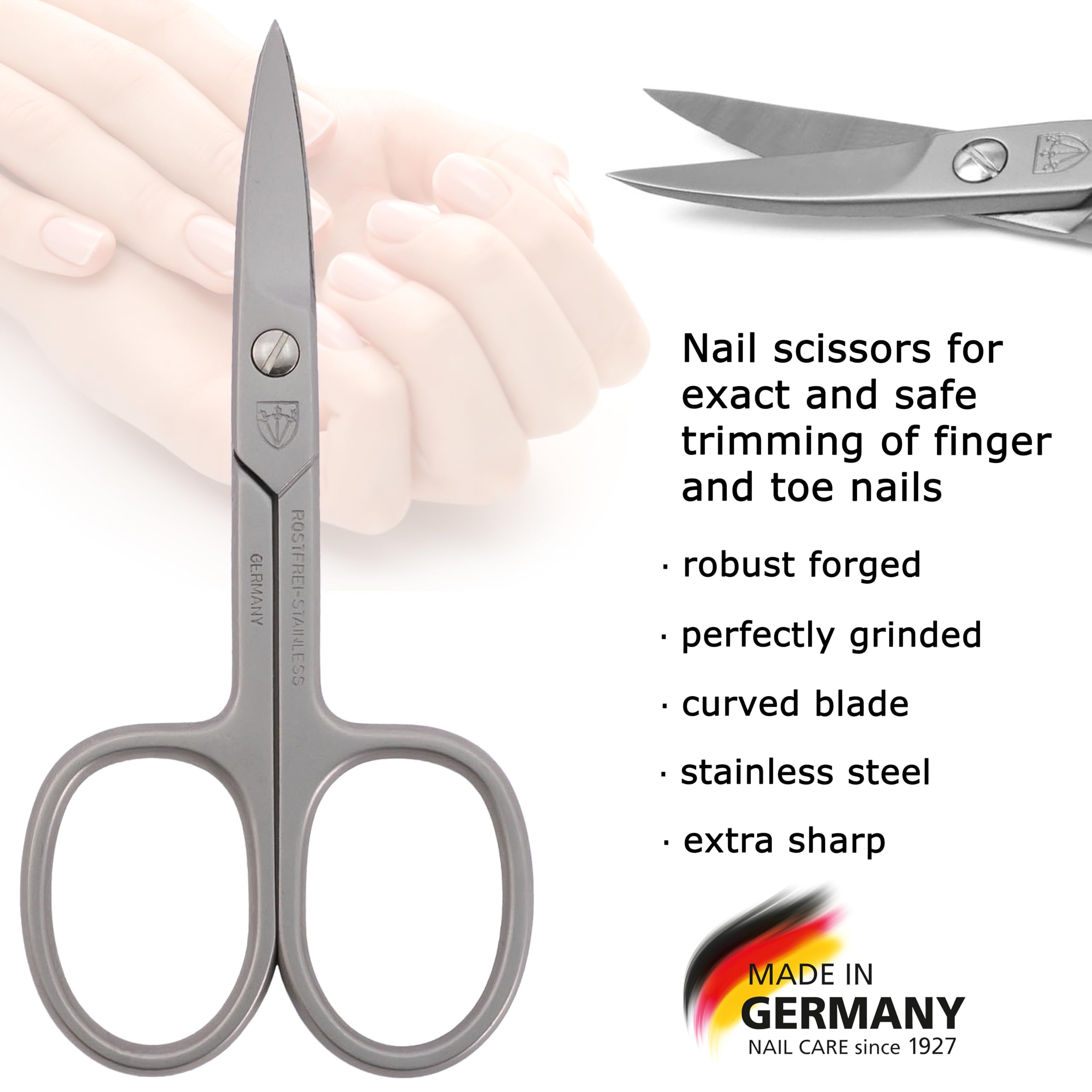3 Swords Germany stainless steel nail scissors closeup showing sharp durable blades.