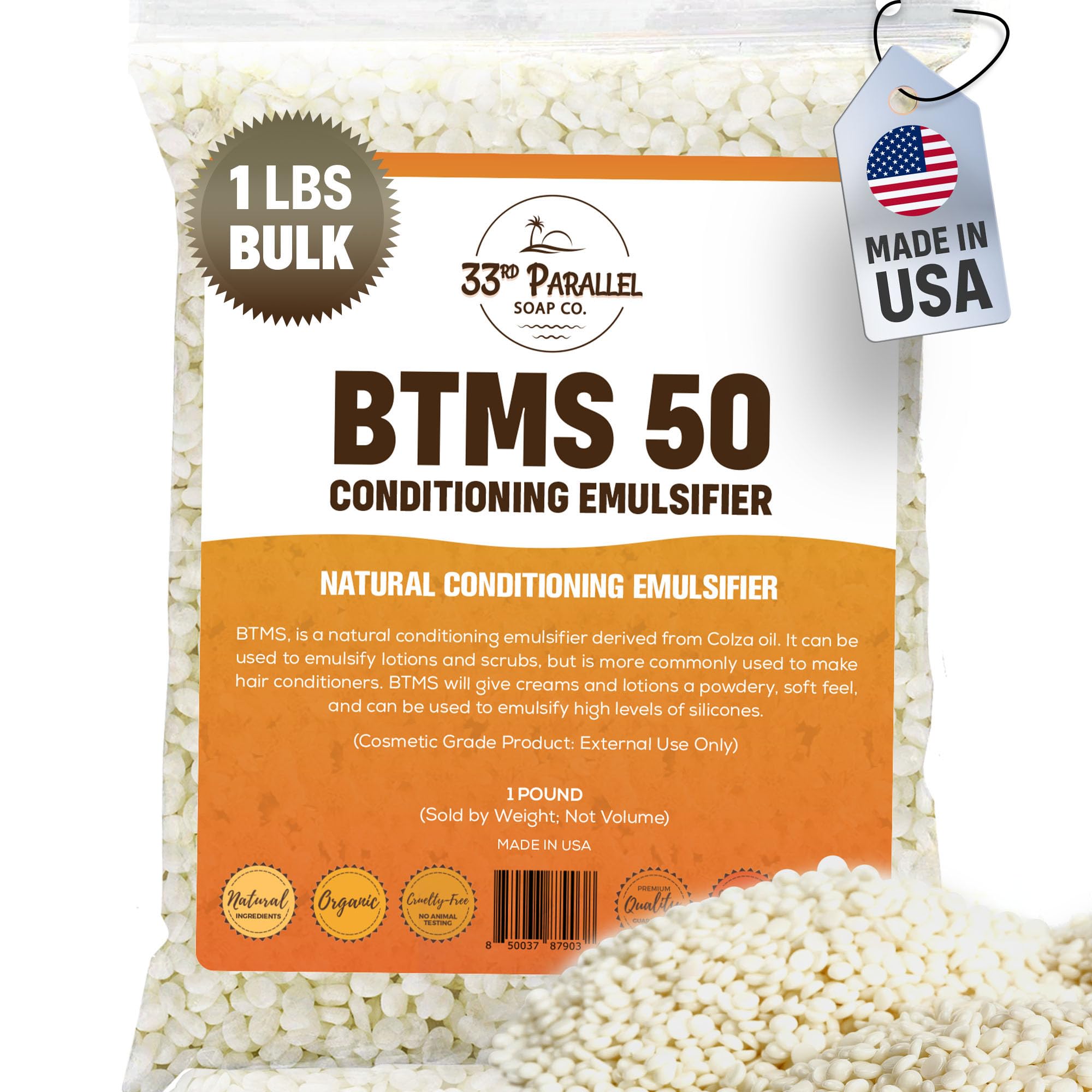 33rd Parallel BTMS 50 bottle illustrating creamy emulsions for hair conditioning