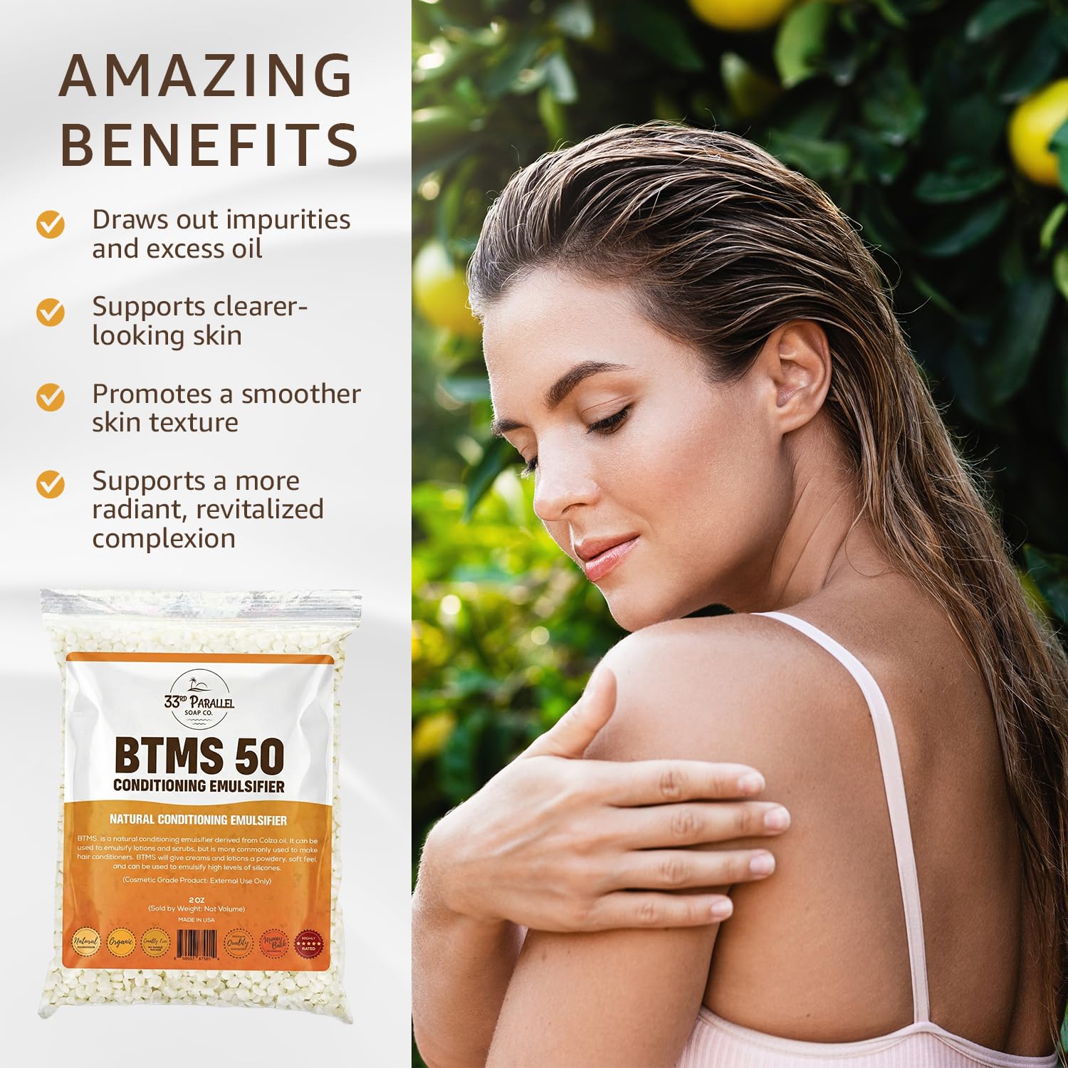 33rd Parallel BTMS 50 conditioning emulsifier helps hair feel soft