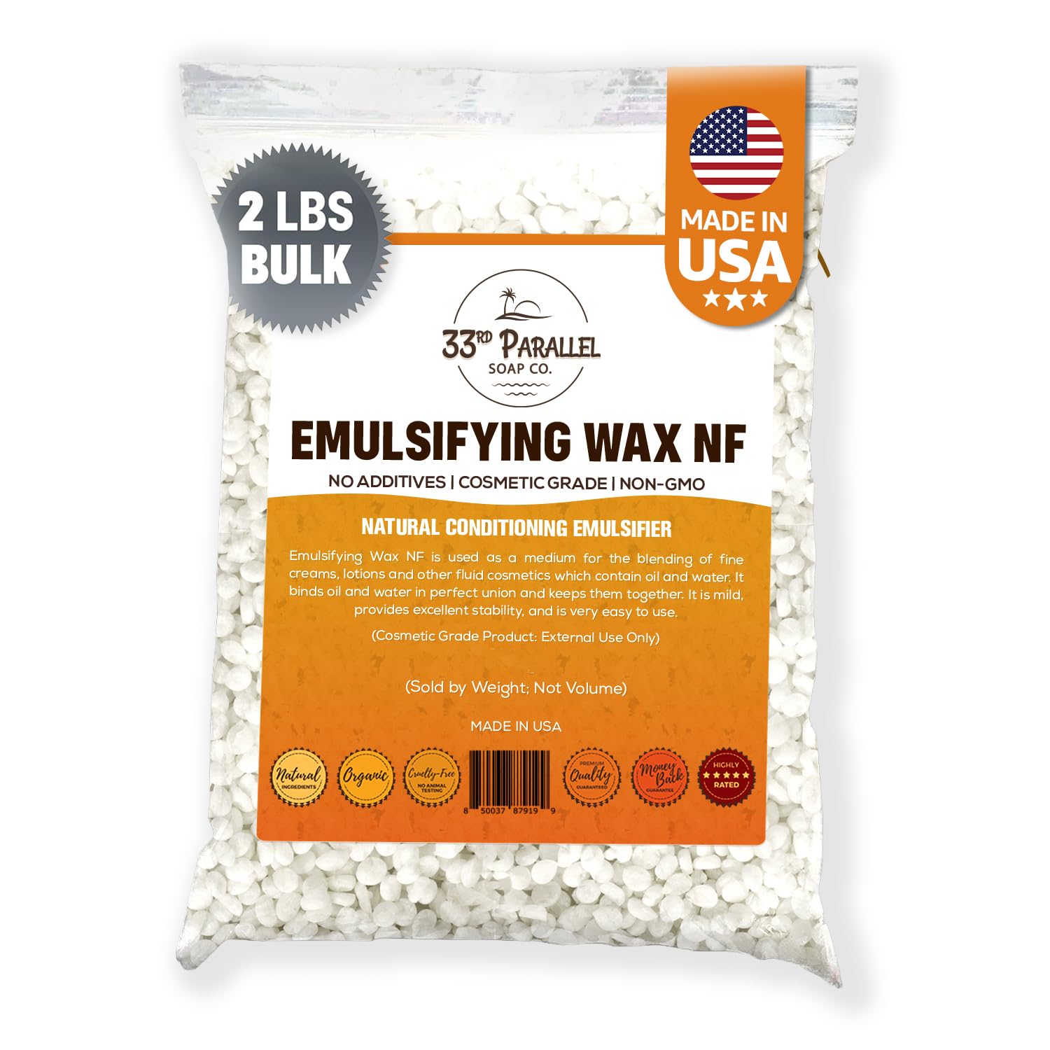 33rd Parallel Soap Co Emulsifying Wax NF pastilles packaging, ideal for cosmetic-grade creams.
