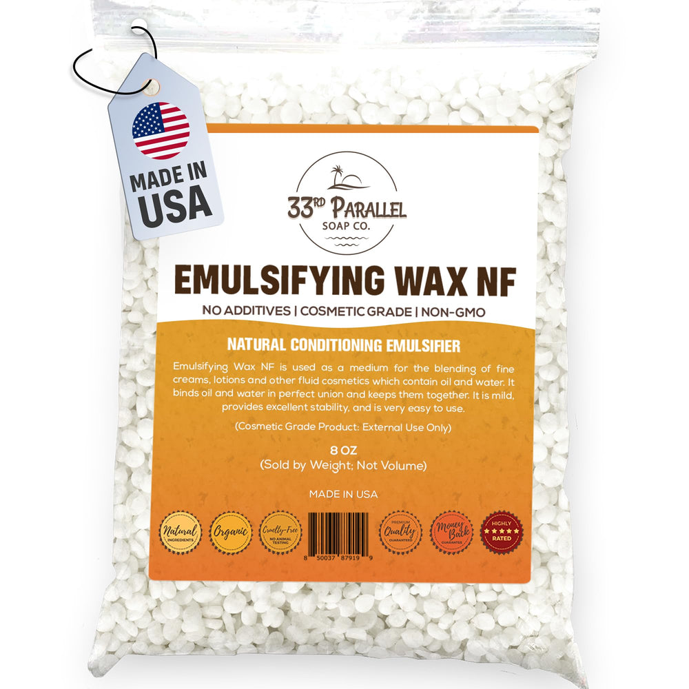 33RD PARALLEL SOAP CO emulsifying wax NF pastilles packaging signals premium cosmetic-grade emulsifier for DIY lotions.
