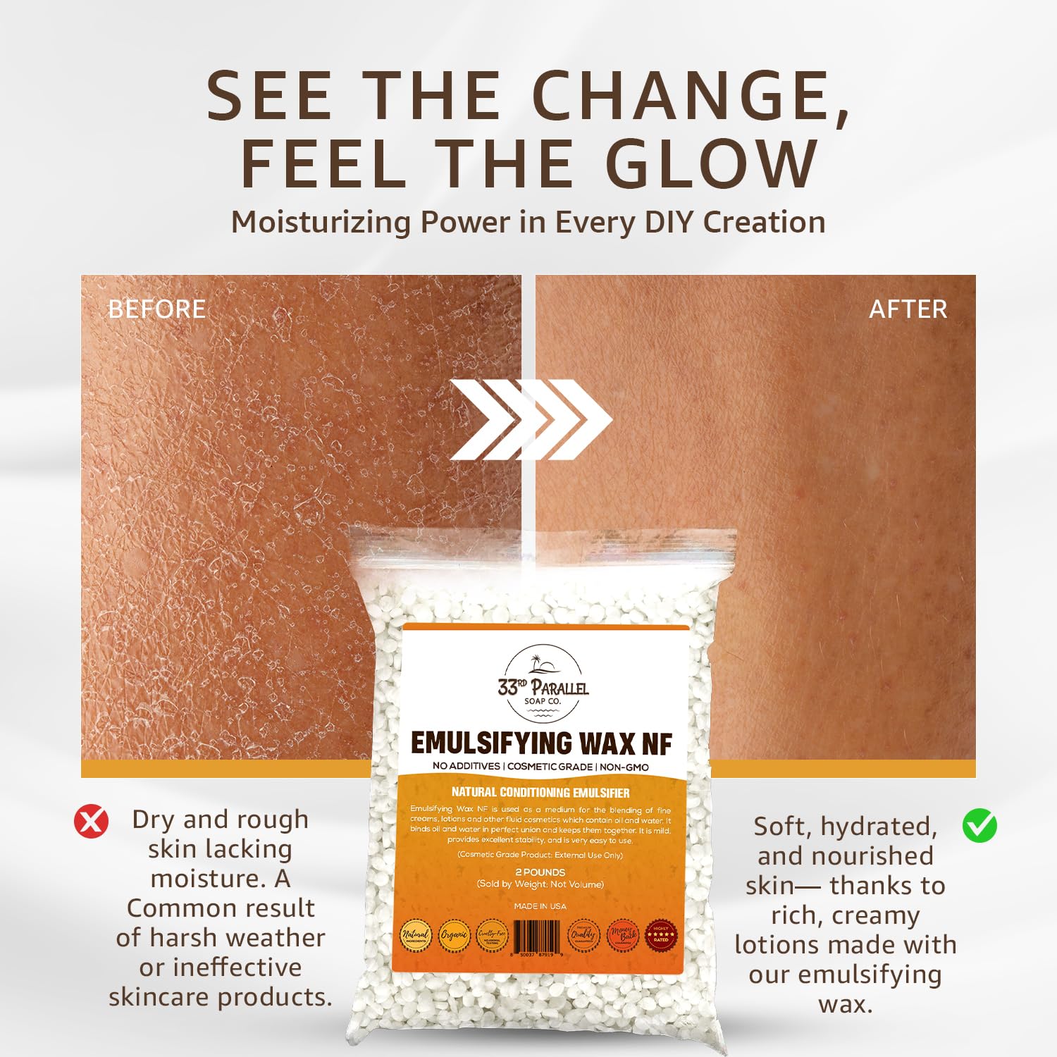 33RD PARALLEL SOAP CO non GMO emulsifying wax NF used in lotions for silky skin feel.