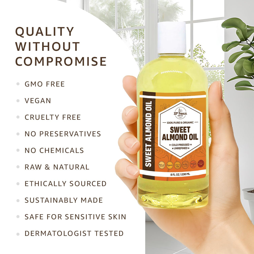 33RD PARALLEL SOAP CO Almond oil label highlights organic, cold-pressed quality.