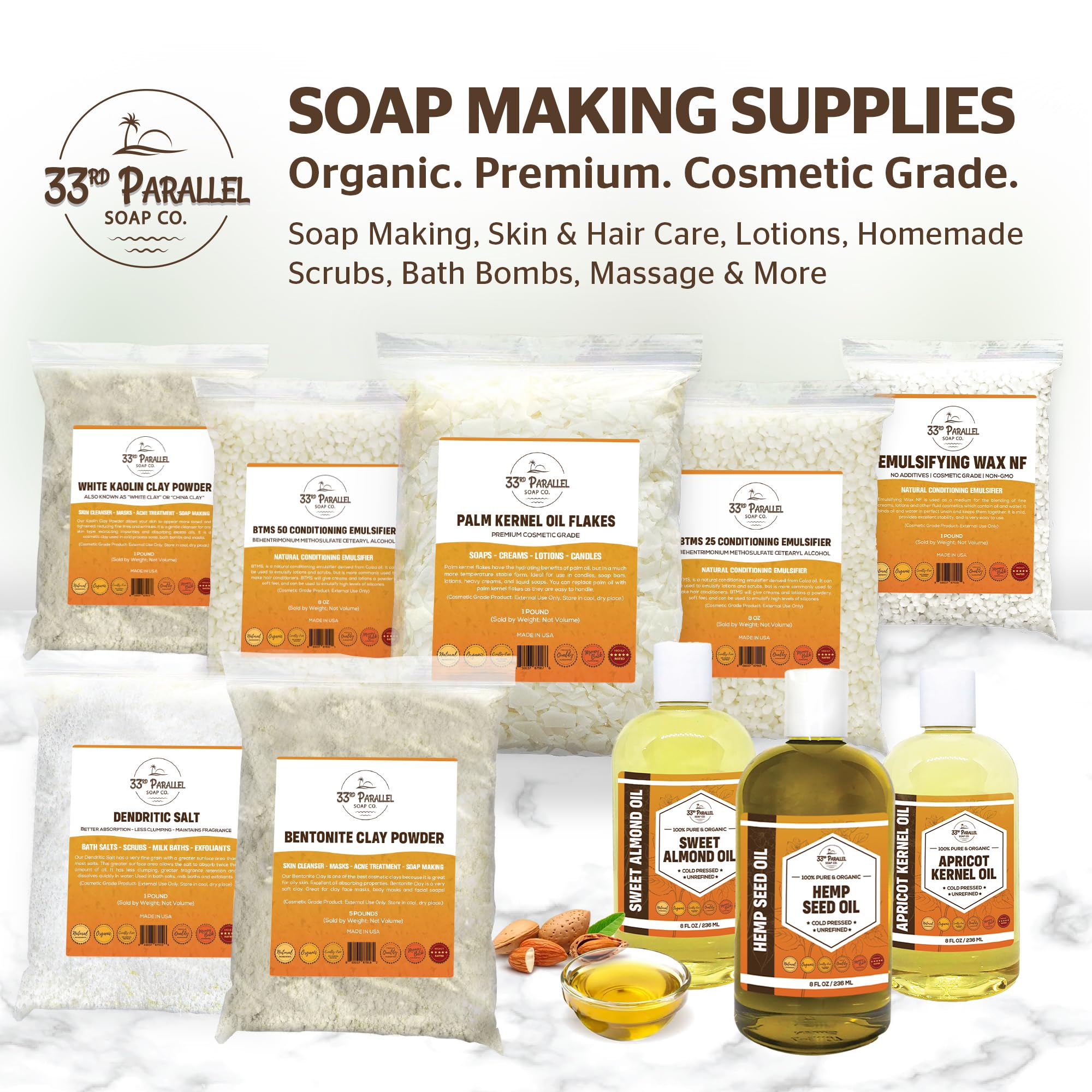 33RD PARALLEL SOAP CO Almond oil in massage setup for spa-like relaxation.