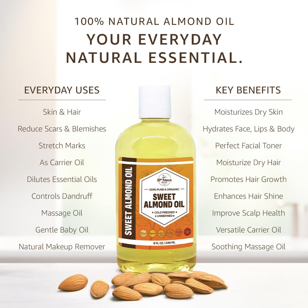 33RD PARALLEL SOAP CO Sweet Almond Oil pours into lotion for moisturized skin.