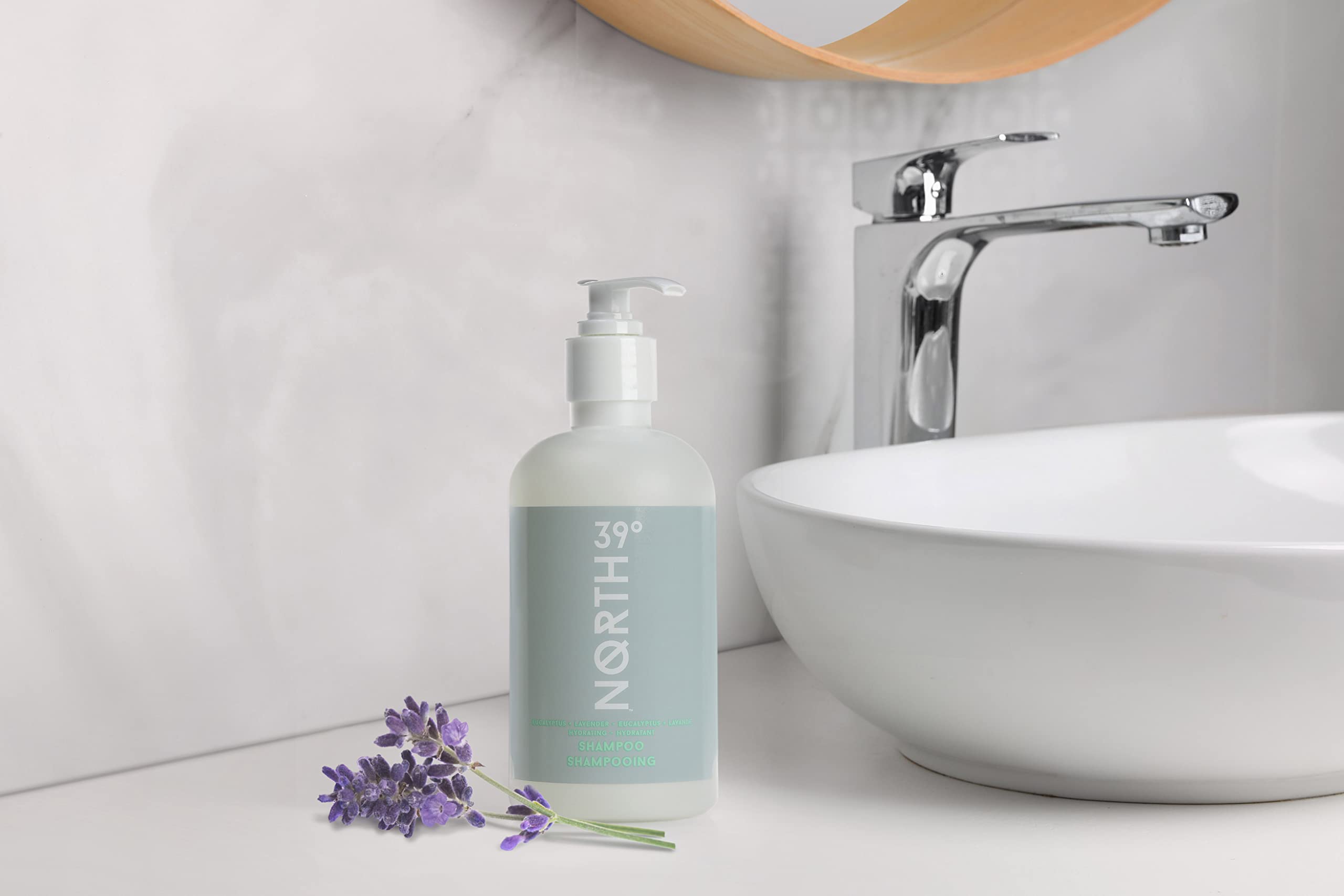 39° North Shampoo eucalyptus lavender lather ready for spa-like wash.