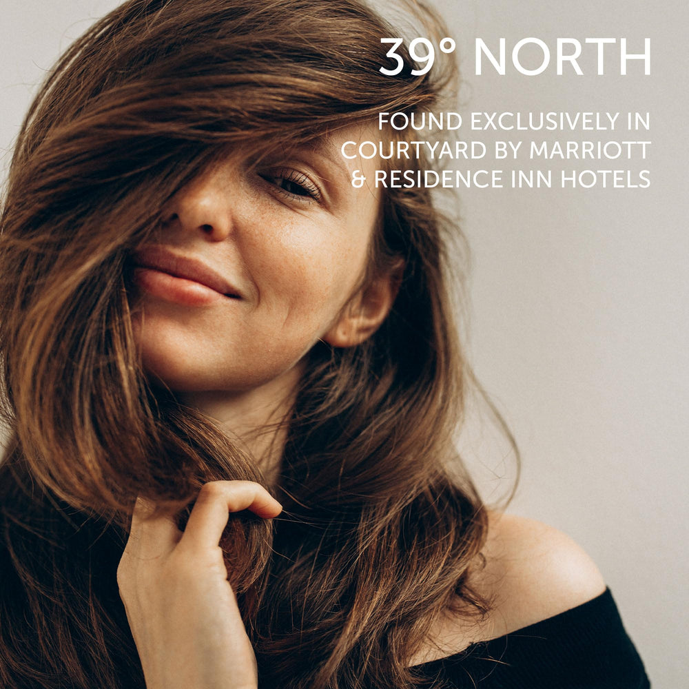39° North Shampoo label closeup shows natural ingredients and scent.