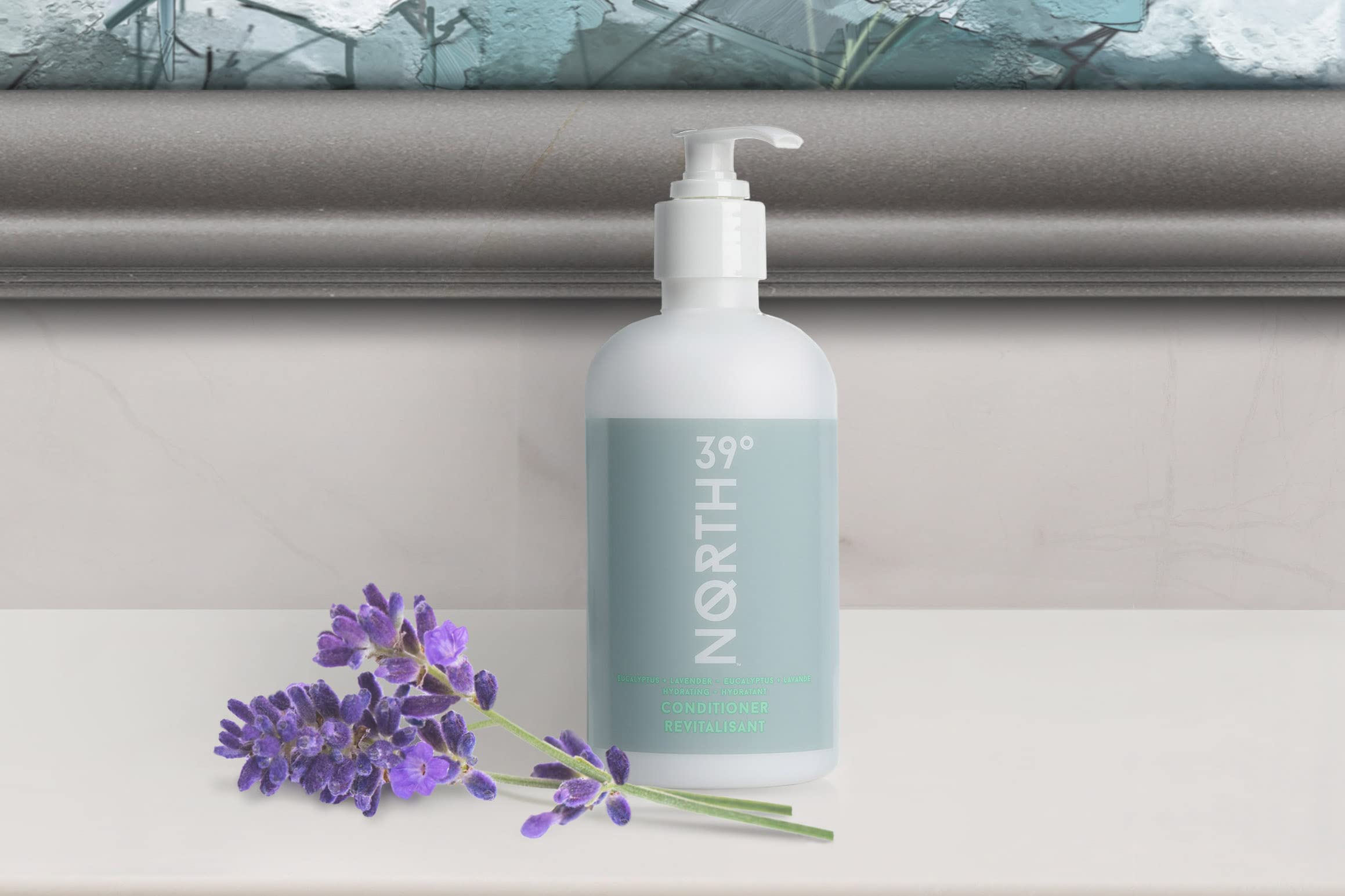 39° North conditioner packaging on hotel-style shelf signals premium quality.