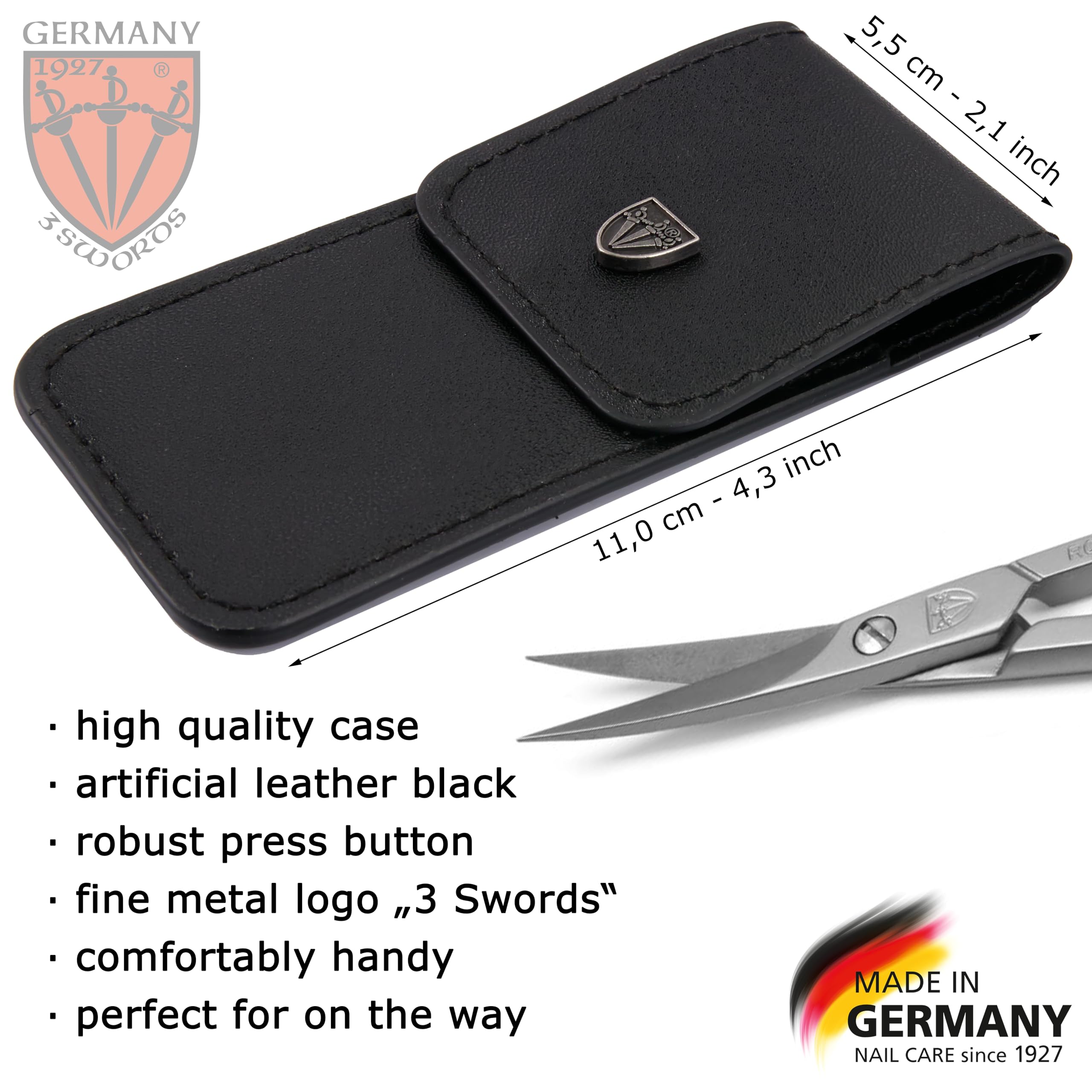 3 Swords Germany cuticle scissors in case shows safe storage and portability.