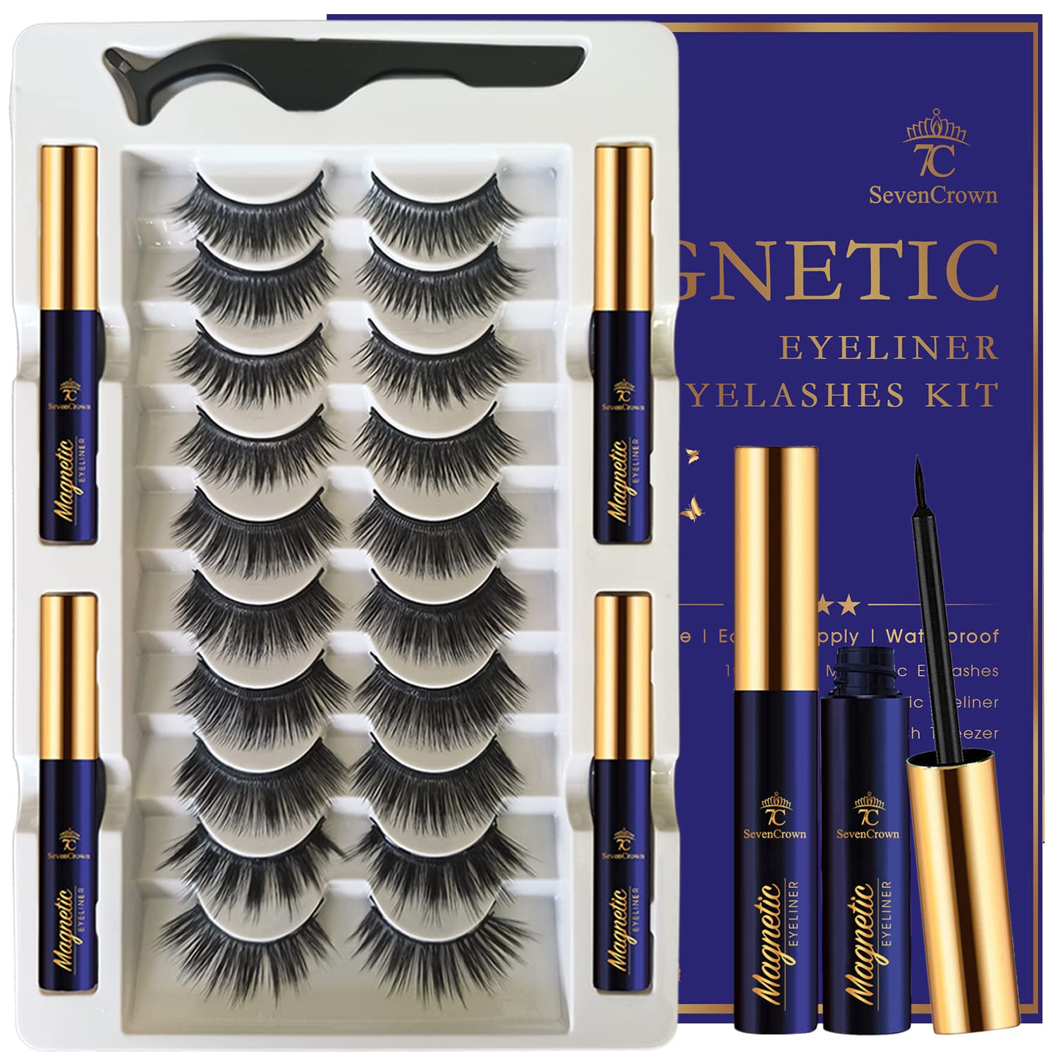 7C SevenCrown magnetic lashes kit close-up with eyeliner tubes for secure wear