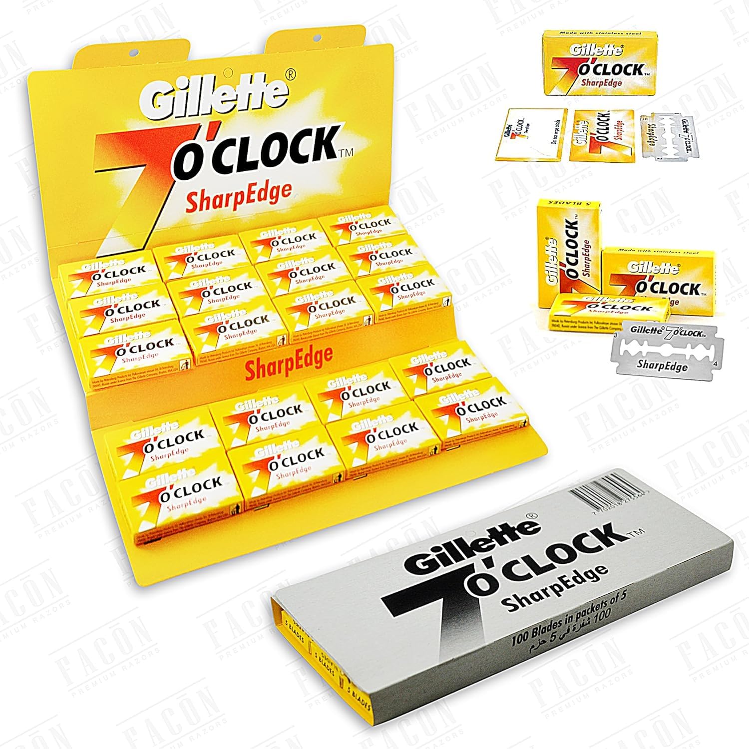7clock SharpEdge blades pack closeup shows premium platinum coating for smooth shaves.