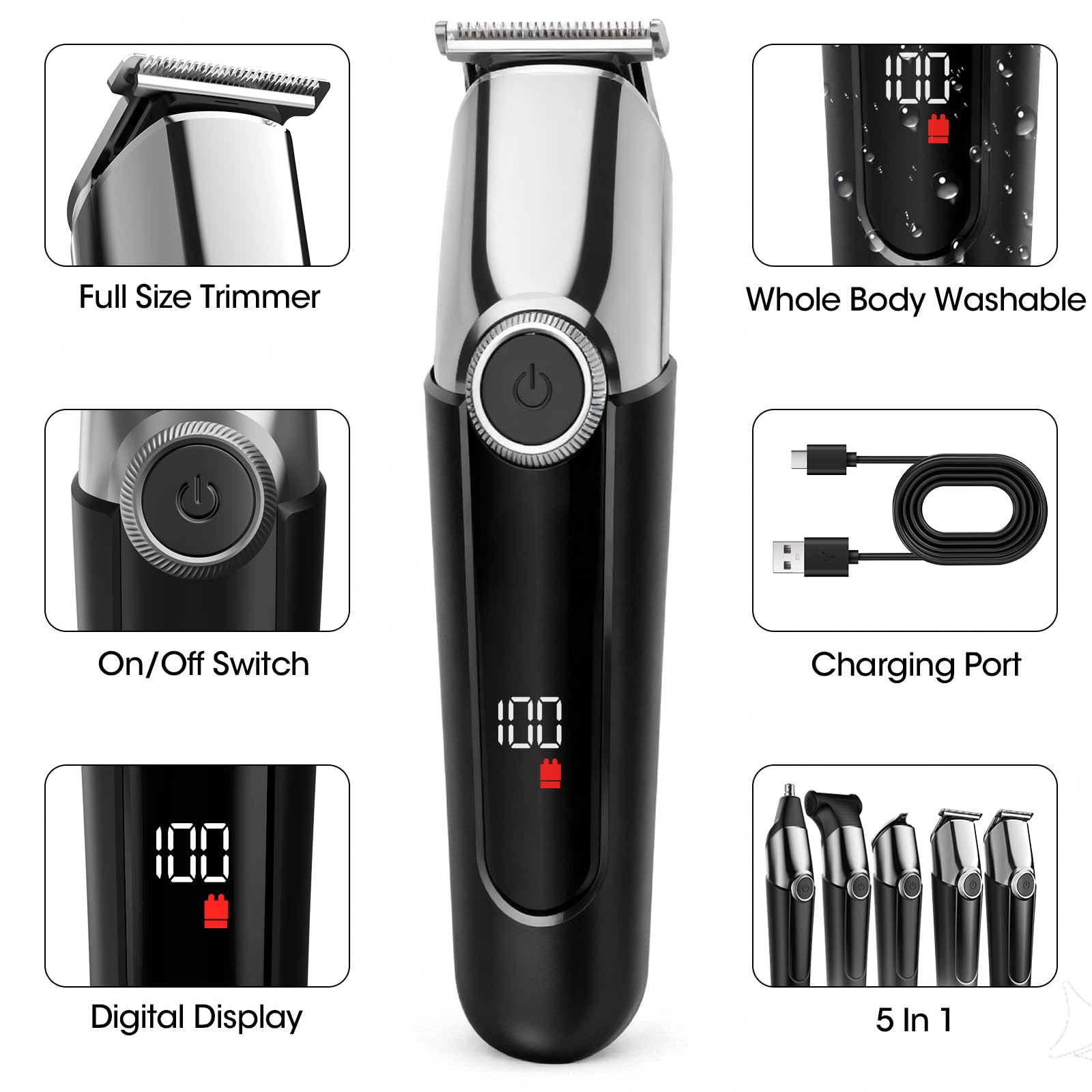 7d24hcare beard trimmer kit attachments show five heads for precise styling