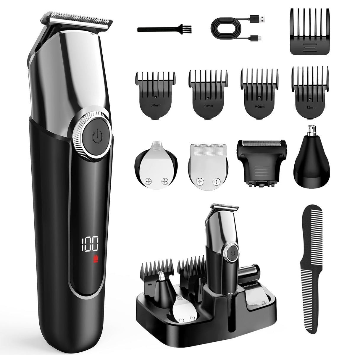 7d24hcare beard trimmer kit top view highlights versatile 5-in-1 grooming options for home use