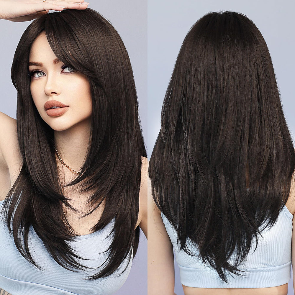 7JHH WIGS long natural black wig with bangs, straight look for daily wear.