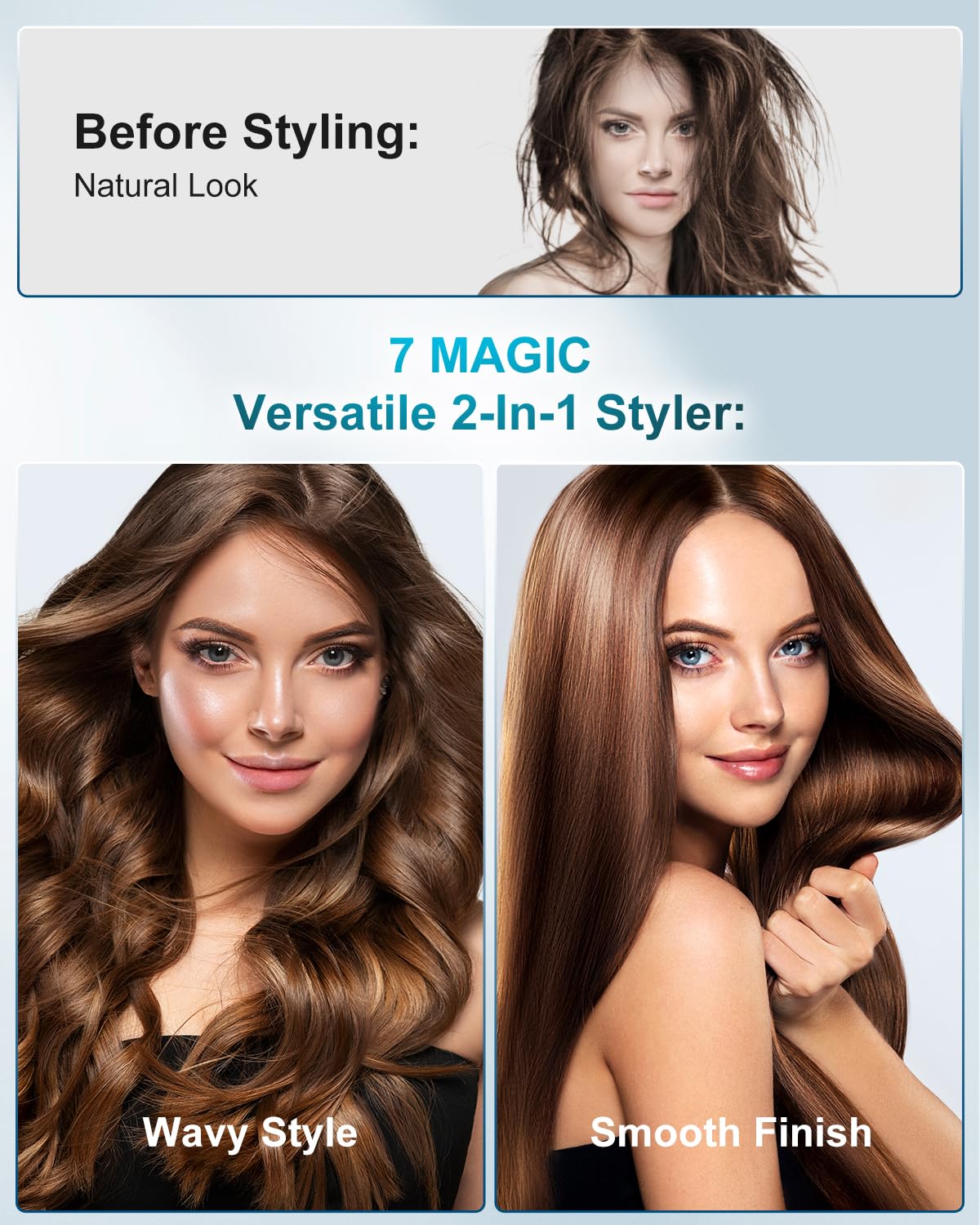 7MAGIC 2-in-1 straightener and curler ready for straight or curled looks