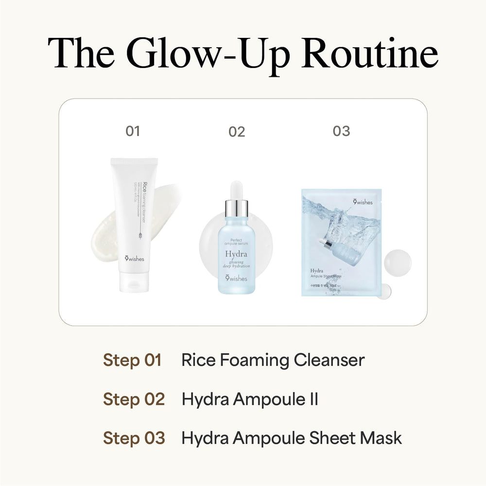 9 Wishes Rice Foaming Cleanser ritual shot suggests a daily Korean skincare routine.