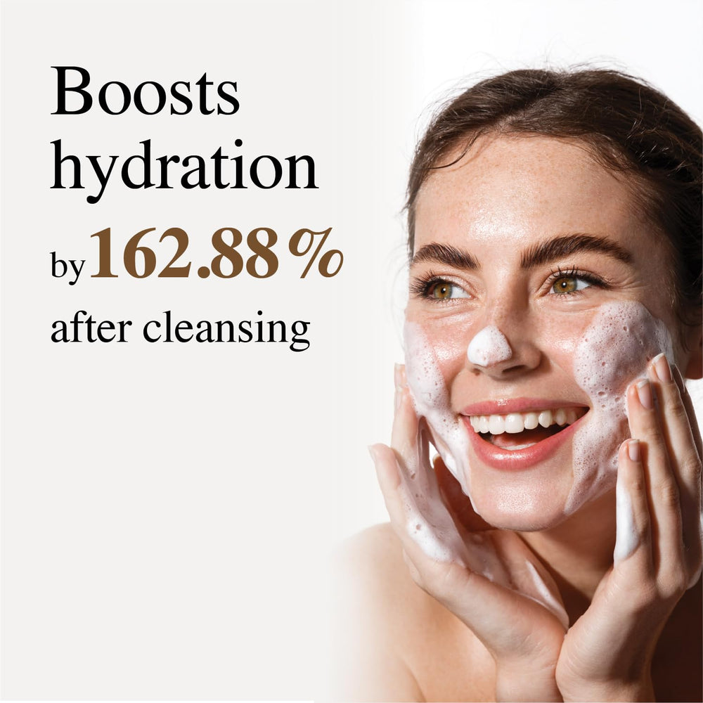 9 Wishes Rice Foaming Cleanser close-up reveals ultra-fine rice powder for gentle exfoliation and pore care.