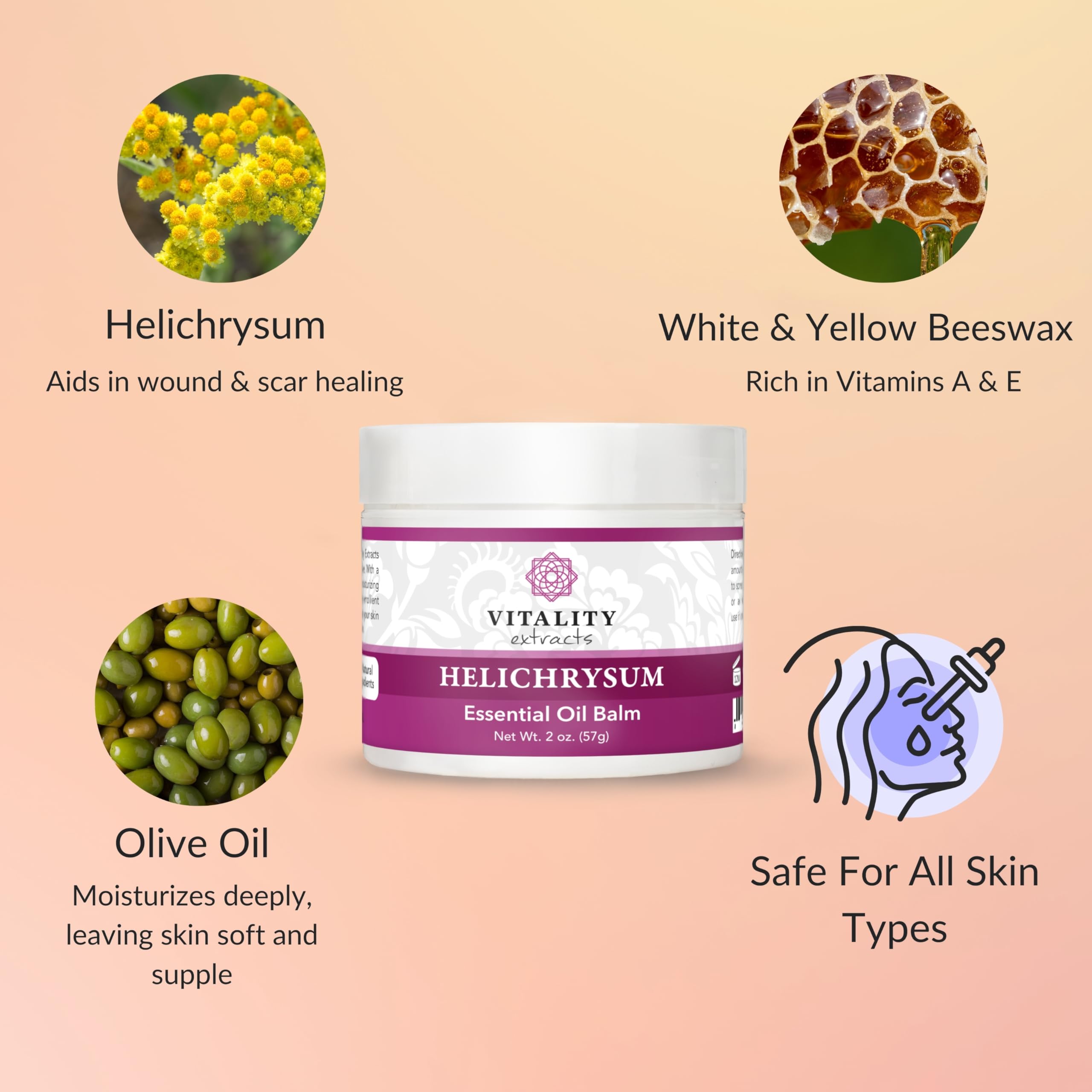 Vitality Helichrysum Balm packaging shows cruelty-free clean ingredients