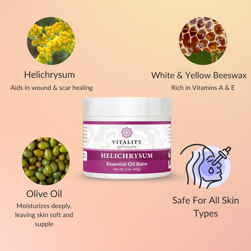 Vitality Helichrysum Balm packaging shows cruelty-free clean ingredients