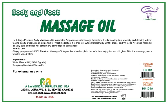 A&A Premium Body Mineral Oil label—NF/Food Grade purity for safe spa use.