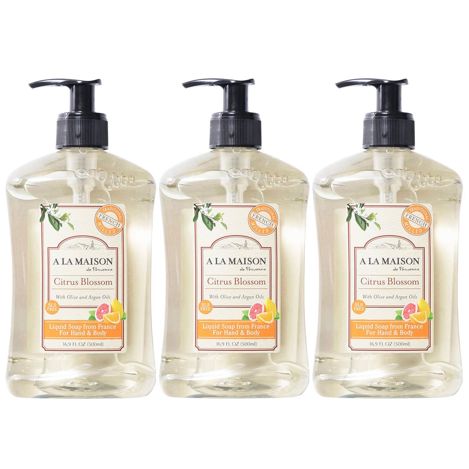 A La Maison Citrus Blossom hand soap bottle with a fresh, uplifting scent for daily cleansing.