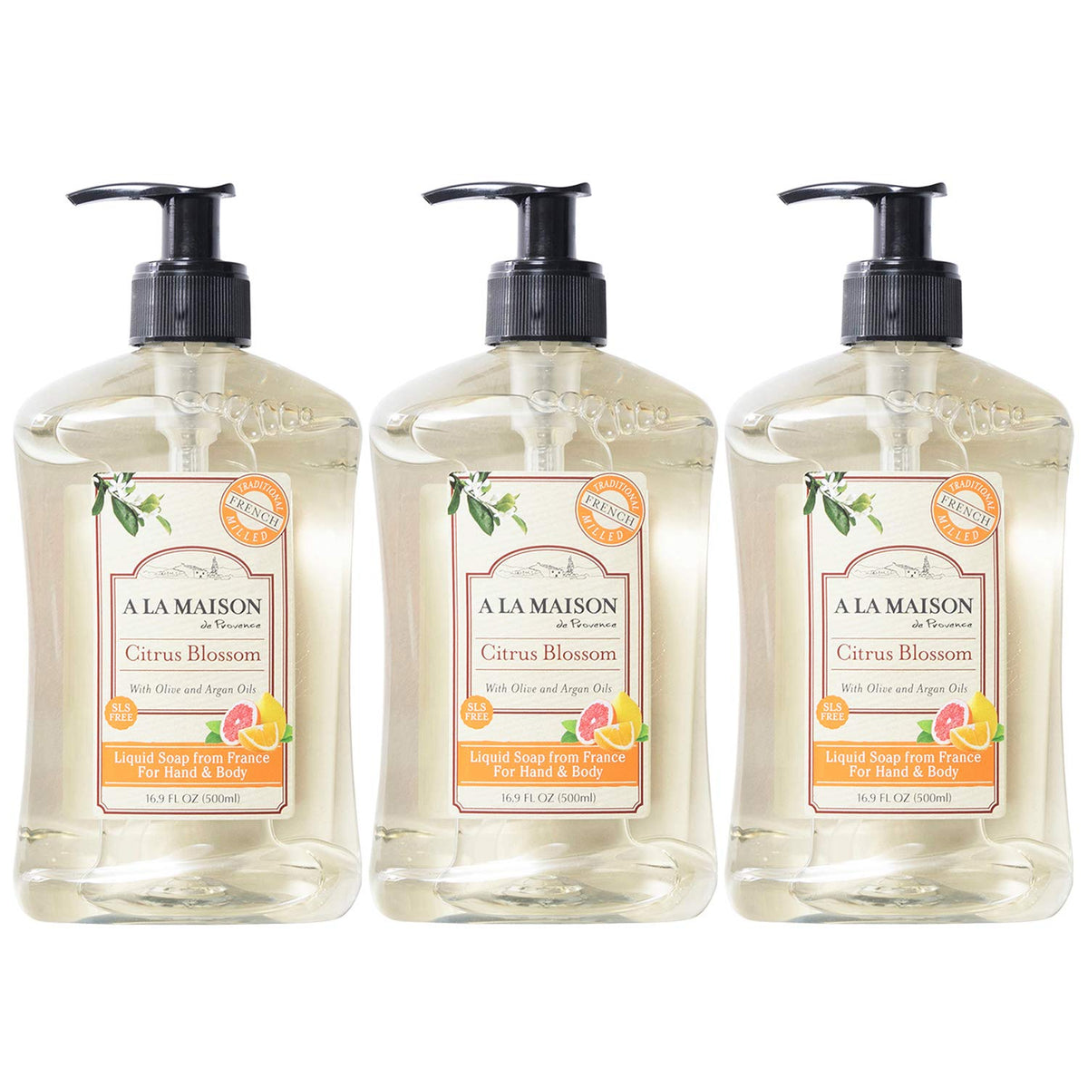 A La Maison Citrus Blossom hand soap bottle with a fresh, uplifting scent for daily cleansing.