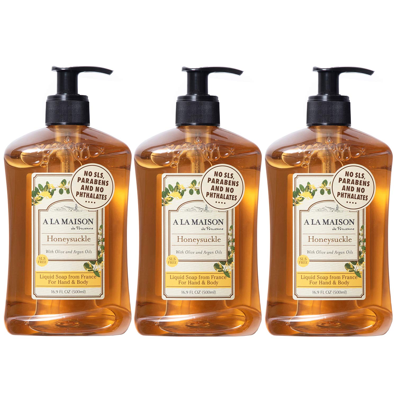A LA MAISON Honeysuckle liquid soap bottle close-up with gentle cleansing for sensitive skin.