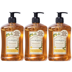 A LA MAISON Honeysuckle liquid soap bottle close-up with gentle cleansing for sensitive skin.