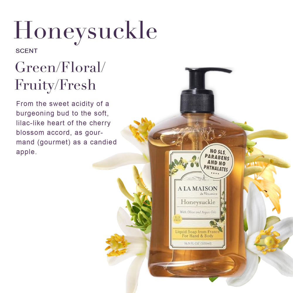 A LA MAISON Honeysuckle hand lather showing plant-derived oils for skin comfort.