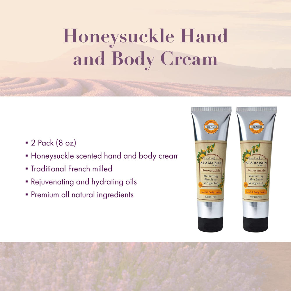 A LA MAISON Honeysuckle lotion ingredients panel highlights argan oil and shea butter