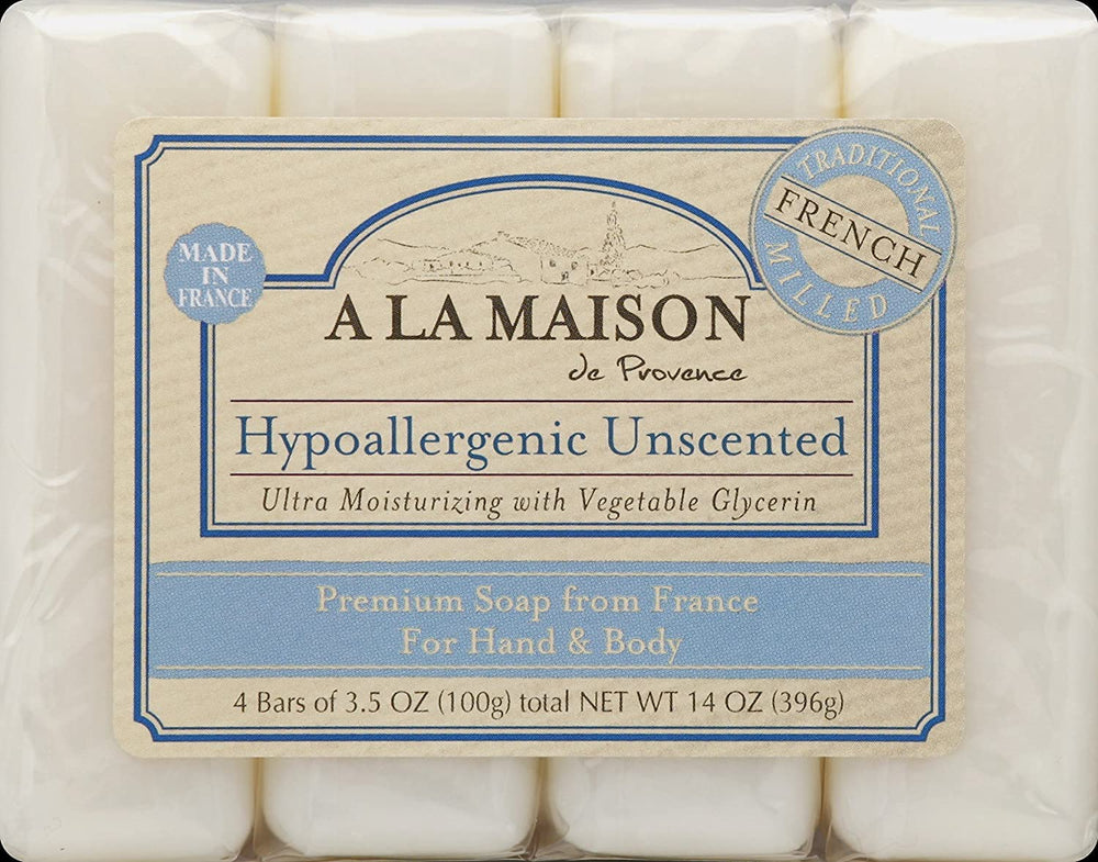 A LA MAISON hypoallergenic unscented bar soap close-up of creamy lather for sensitive skin