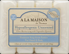 A LA MAISON hypoallergenic unscented bar soap close-up of creamy lather for sensitive skin