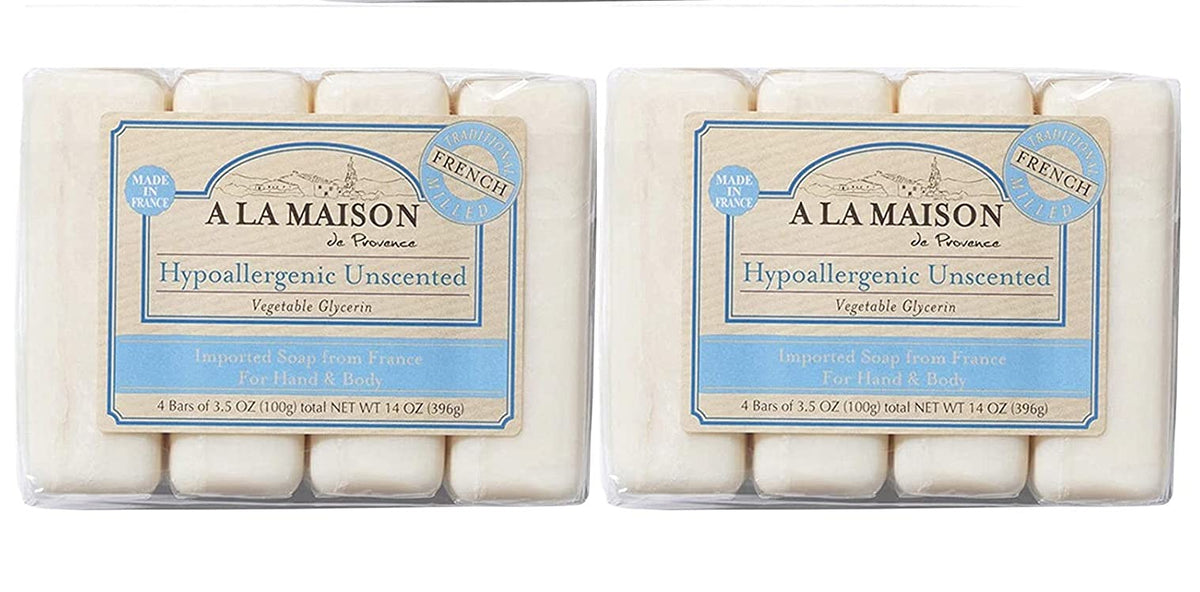 A LA MAISON hypoallergenic unscented bar soap pack shot showing eight bars for gentle cleansing