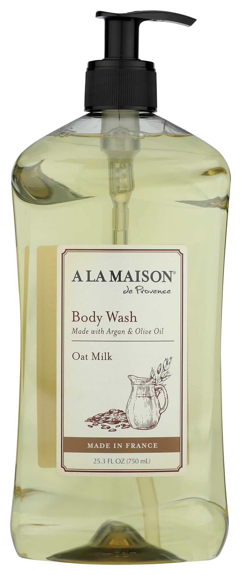 A LA MAISON Oat Milk Body Wash bottle closeup, gentle cleansing for sensitive skin.