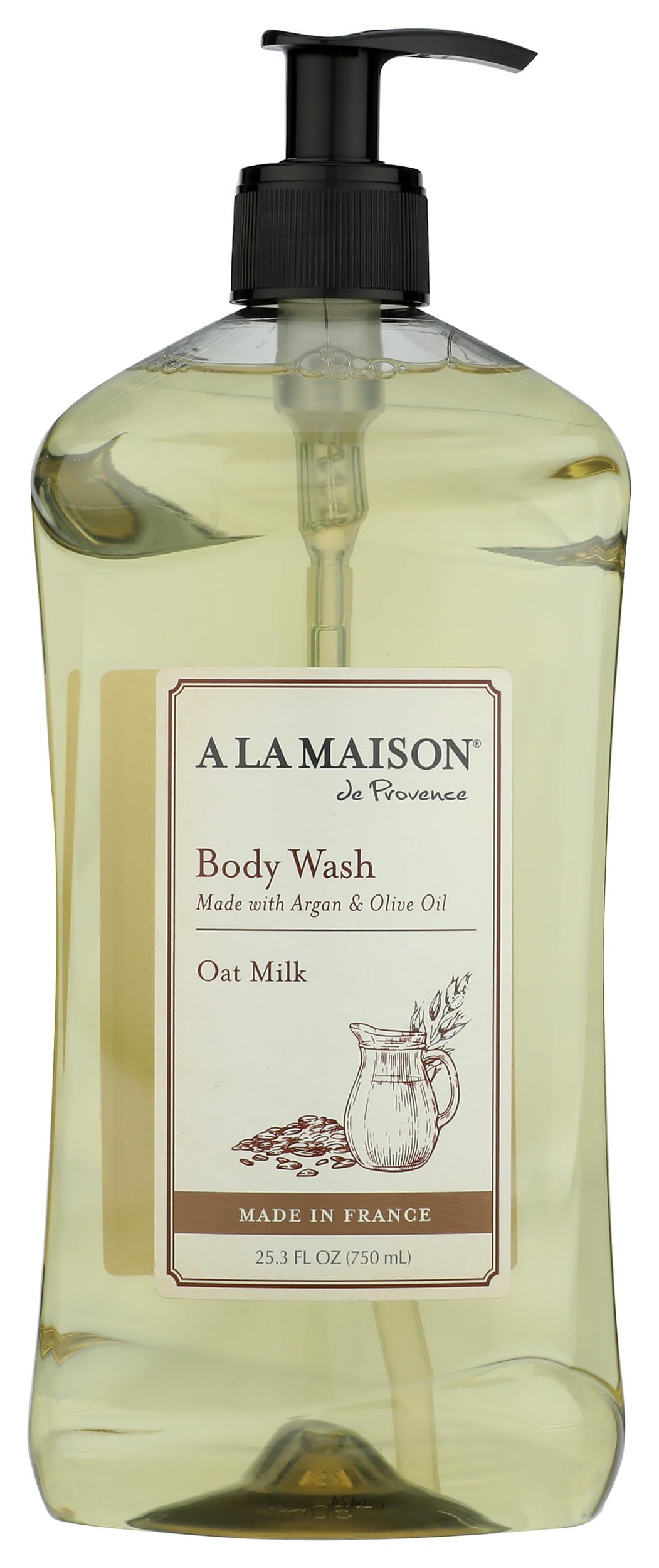 A LA MAISON Oat Milk Body Wash bottle closeup, gentle cleansing for sensitive skin.