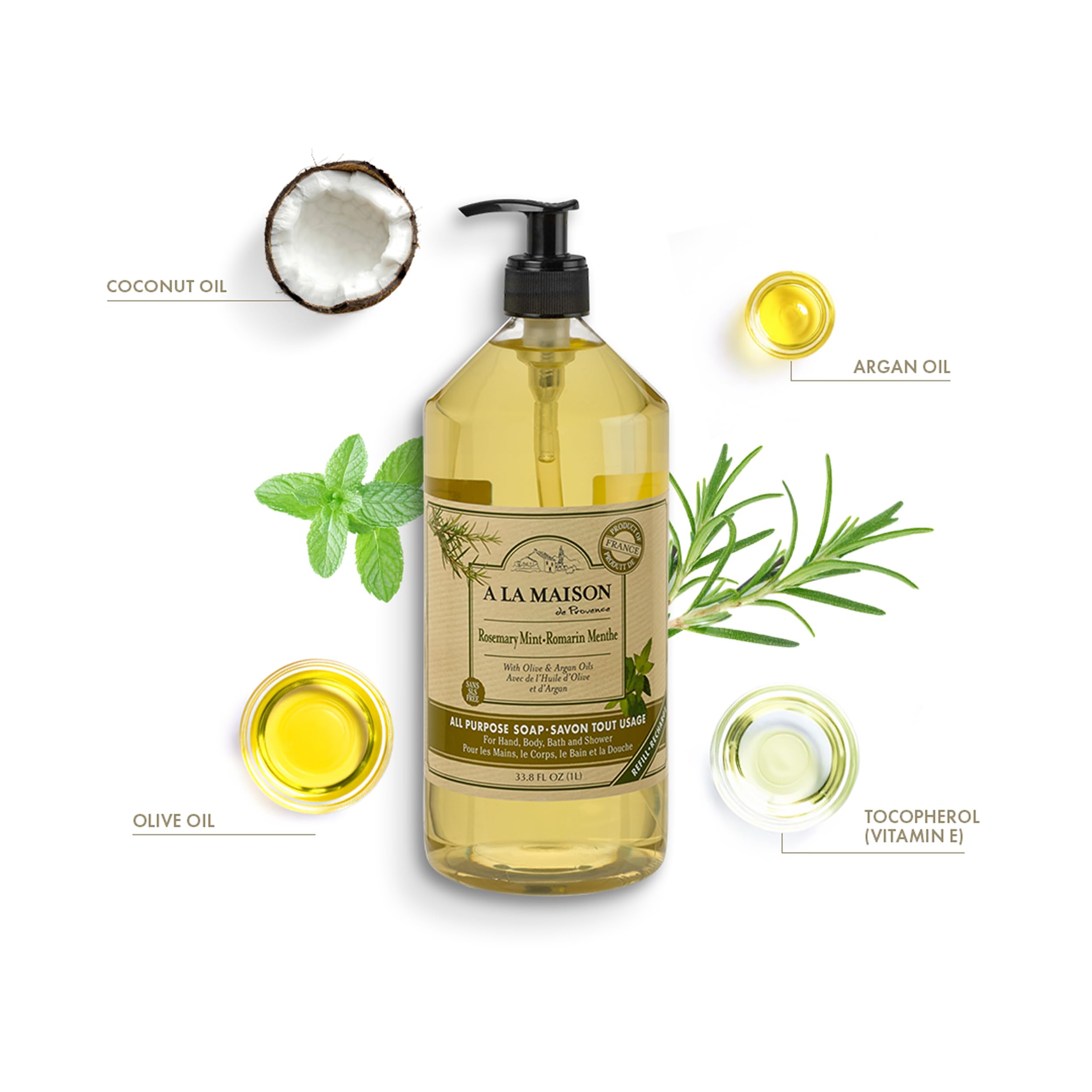 Pump action dispenser delivering moisturizing lather from Rosemary Mint soap.