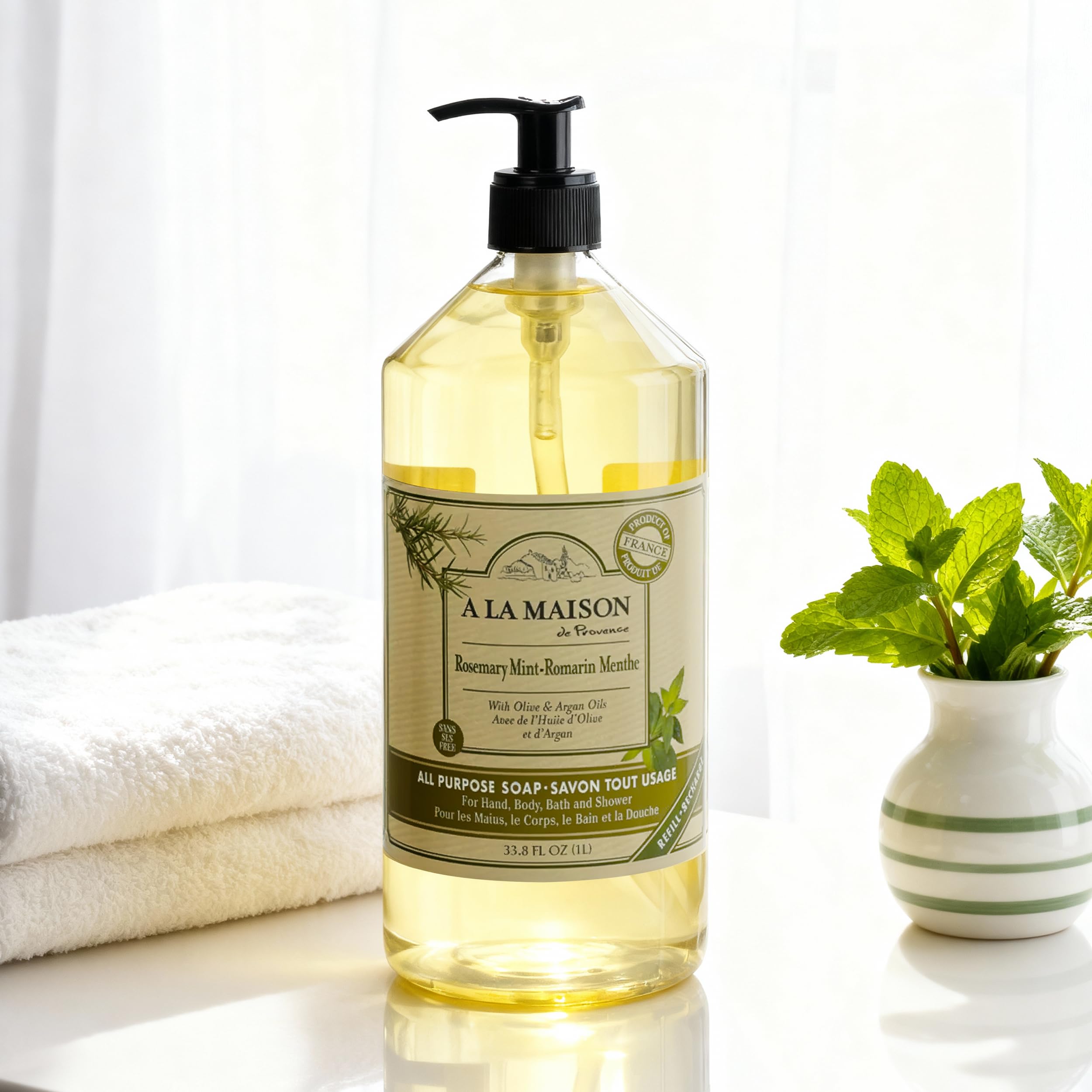 France-made Marseille recipe label on A LA MAISON Rosemary Mint soap.