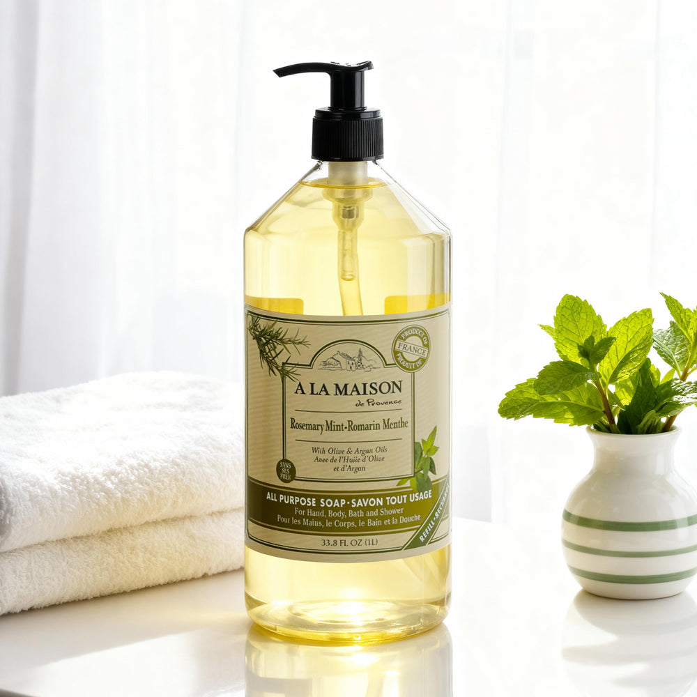 France-made Marseille recipe label on A LA MAISON Rosemary Mint soap.