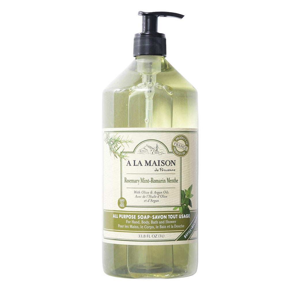 A LA MAISON Rosemary Mint hand soap bottle with luxuriously rich lather for soft hands.