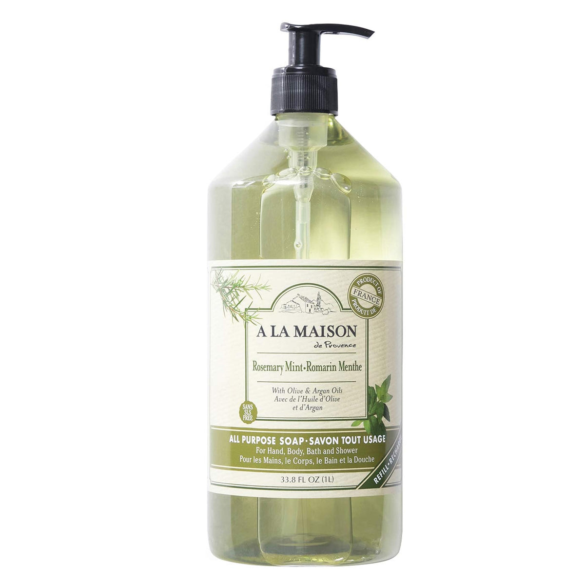 A LA MAISON Rosemary Mint hand soap bottle with luxuriously rich lather for soft hands.