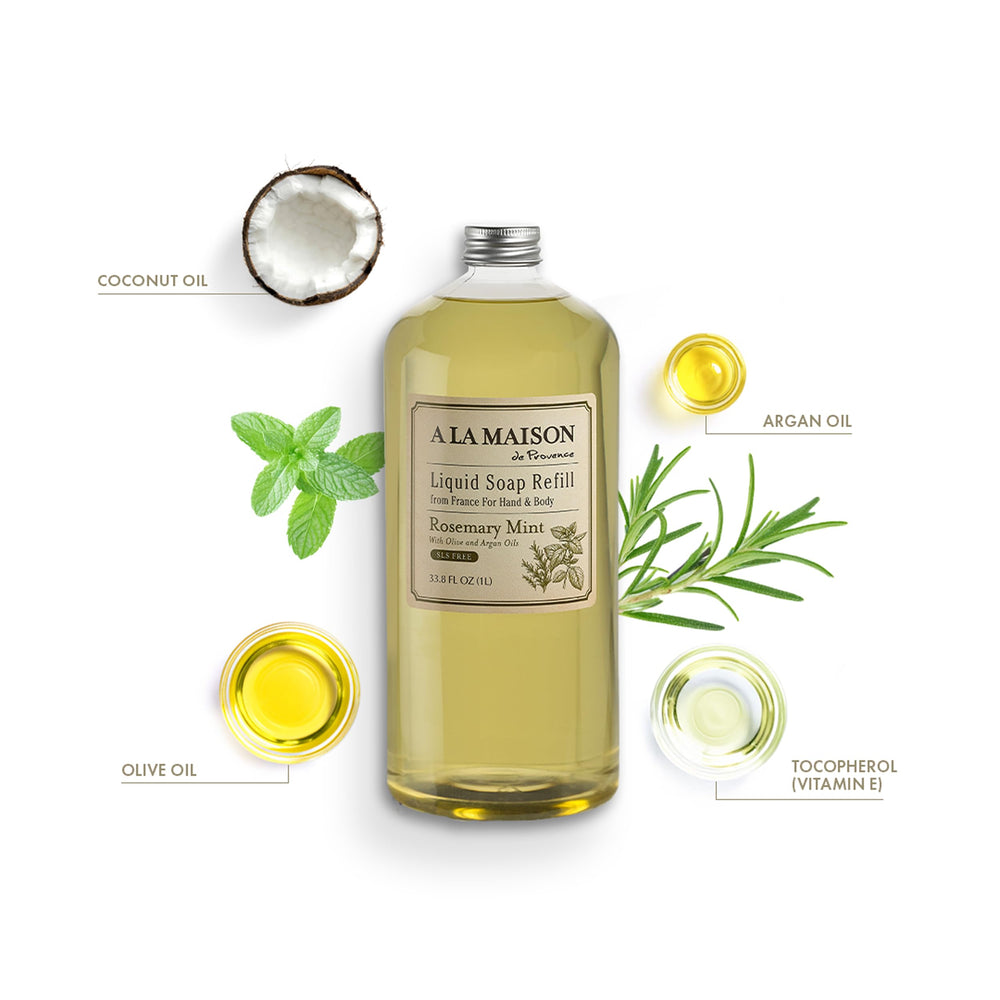 A LA MAISON Rosemary Mint bottle label close-up emphasizing triple French milled soap quality