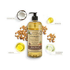 A LA MAISON Sweet Almond bottle pour showing smooth lather preparation.
