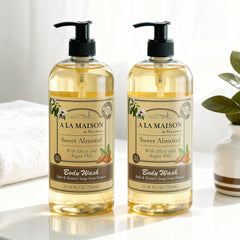 A LA MAISON Sweet Almond label close-up highlighting natural ingredients.